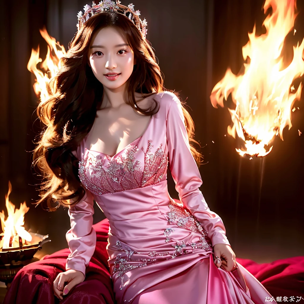 The beautiful Chinese 22 old lady with stunning longest hair crown windblown. Dressed in pink-white-red luxury queen Dress, long legs holding a magical fire element while sit on the throne in the flame castle with blizzard firestorm view, Surrounded by kings dragon. Wide full view realistic.