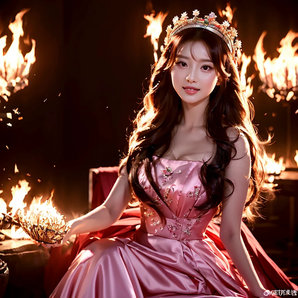 The beautiful Chinese 22 old lady with stunning longest hair crown windblown. Dressed in pink-white-red luxury queen Dress, long legs holding a magical fire element while sit on the throne in the flame castle with blizzard firestorm view, Surrounded by kings dragon. Wide full view realistic.