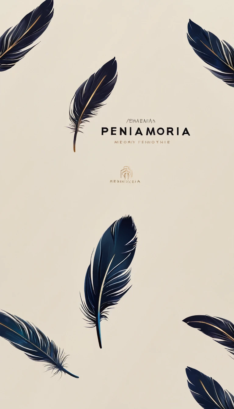 A minimal, modern, simple, cinematic logo design for the brand “Penamemoria". Create a modern, memorable, unique, minimalistic, high-quality,dreamy, fantastic, poetic, masterpiece logo design of a MEMORY FEATHER