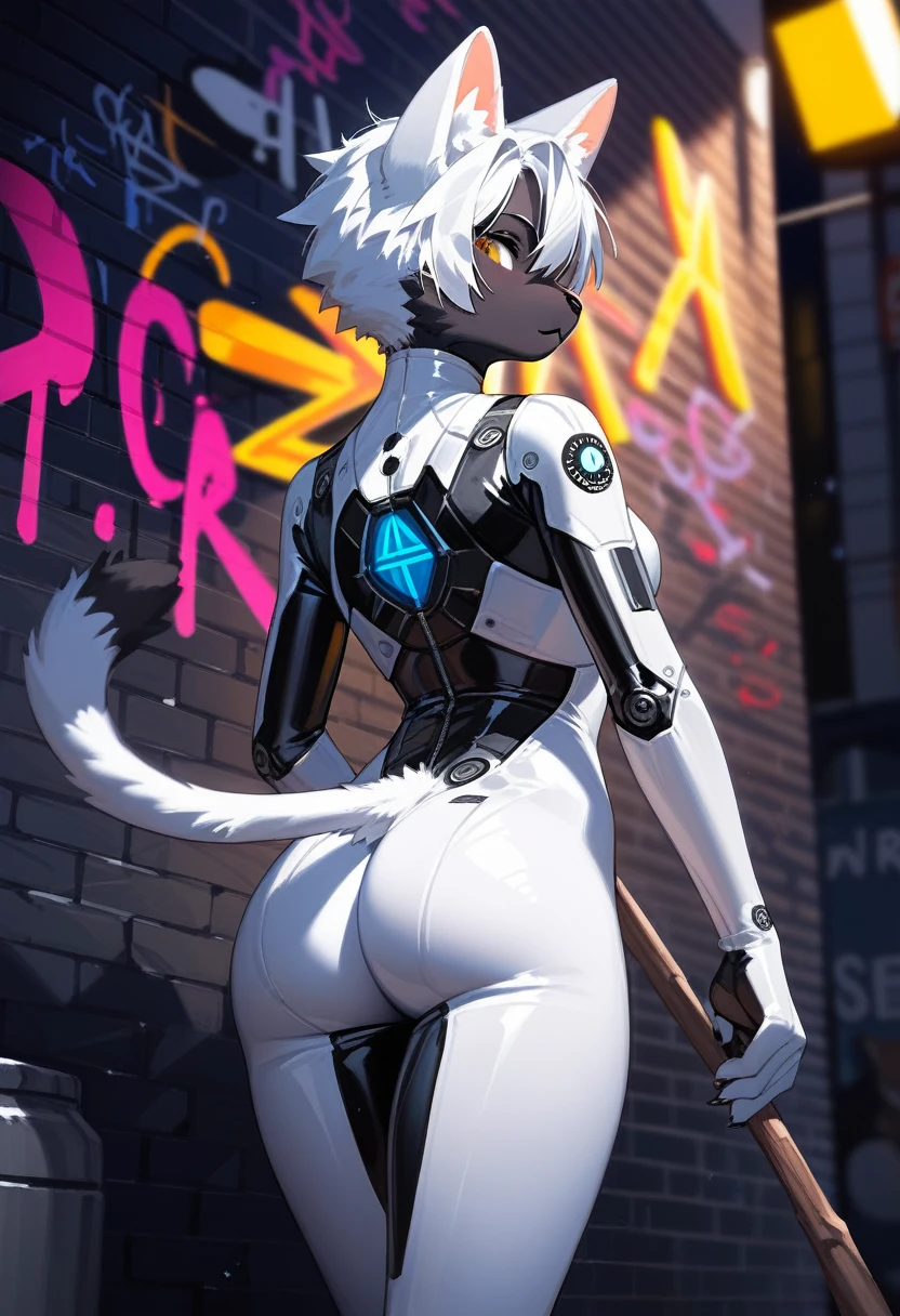 animation, Highest quality, Highest quality, High quality illustrations, masterpiece, Ultra-high resolution, Detailed Background, Back alley at night, wall graffiti art, Absurd, Perfect Anatomy, performance, Good lighting, Shadows in the movies(kemono, Furry PersonifiCation), Cat, Black Skin, White Rubber Suit, latex, neon, neonライト, neonカラー, Bodysuits, Cyber Suit, Mech Suit, cyber punk, Stick your butt out, Pay attention to the butt