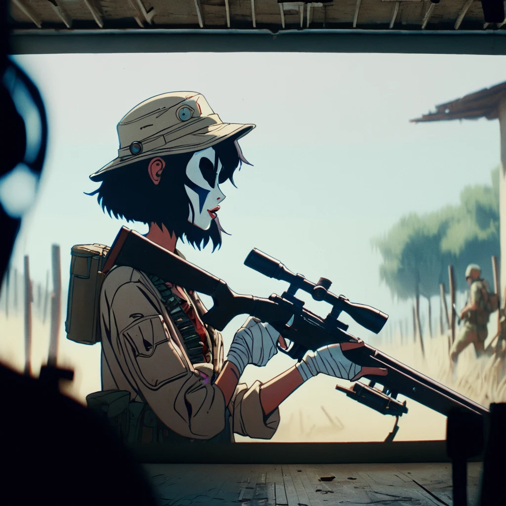 heat, haze, mirage, refraction, hallucination, apparition, unsettling, overwhelming, tank girl, film screengrab, minimal, serene, perfect, strange, candid, cinematic, tank girl with sniper rifle, realism, photographed, timeless, blank canvas, nuanced, clearly cartoon distinct tank girl style aesthetics,
