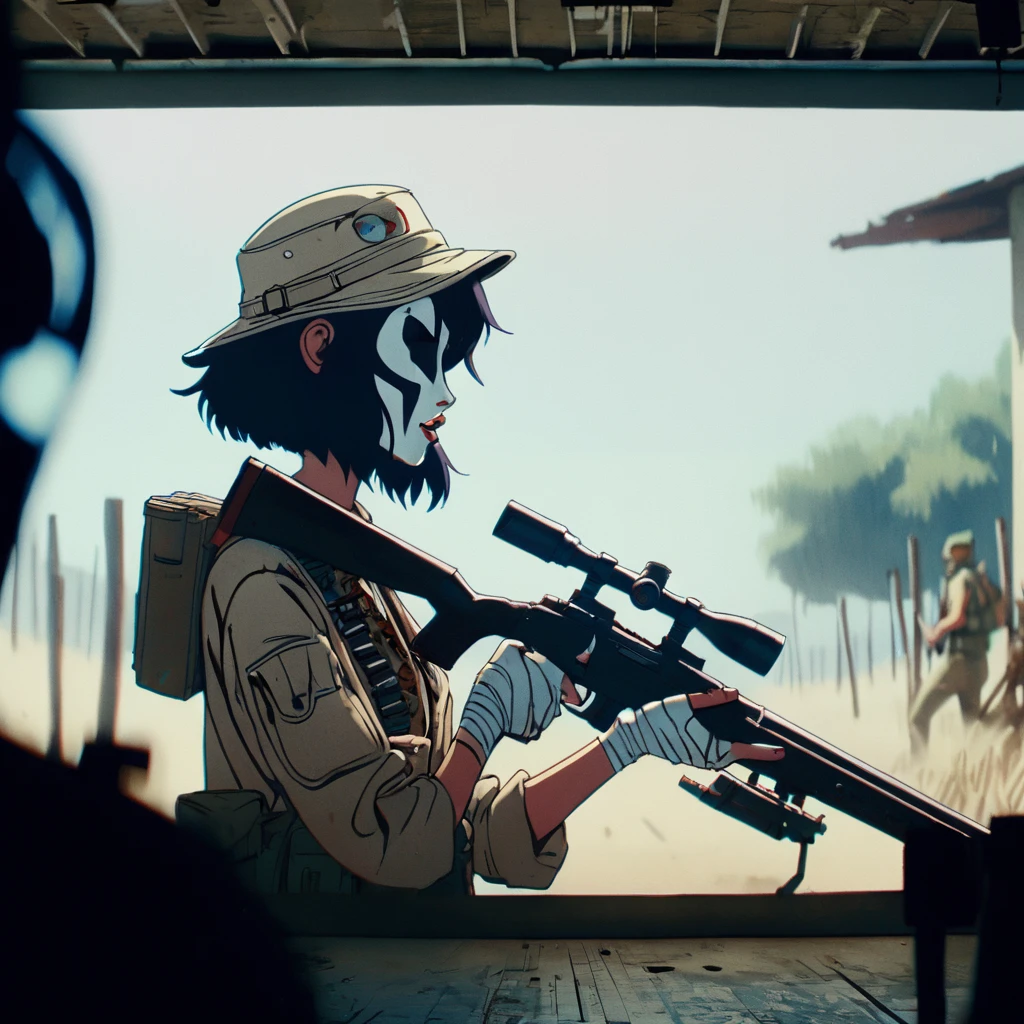 heat, haze, mirage, refraction, hallucination, apparition, unsettling, overwhelming, tank girl, film screengrab, minimal, serene, perfect, strange, candid, cinematic, tank girl with sniper rifle, realism, photographed, timeless, blank canvas, nuanced, clearly cartoon distinct tank girl style aesthetics,