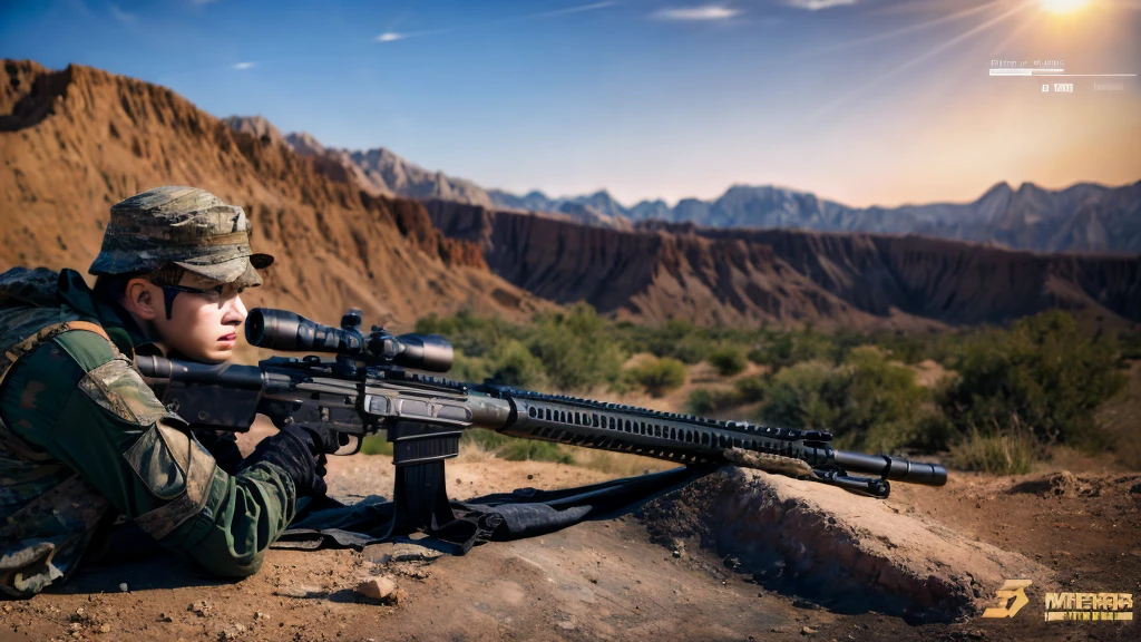 a sniper camouflaged in the desert hills, aiming rifle, military combat uniform, realistic, highly detailed, cinematic lighting, dramatic pose, photorealistic, 8k, best quality