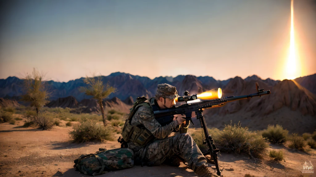 a sniper camouflaged in the desert hills, aiming rifle, military combat uniform, realistic, highly detailed, cinematic lighting, dramatic pose, photorealistic, 8k, best quality