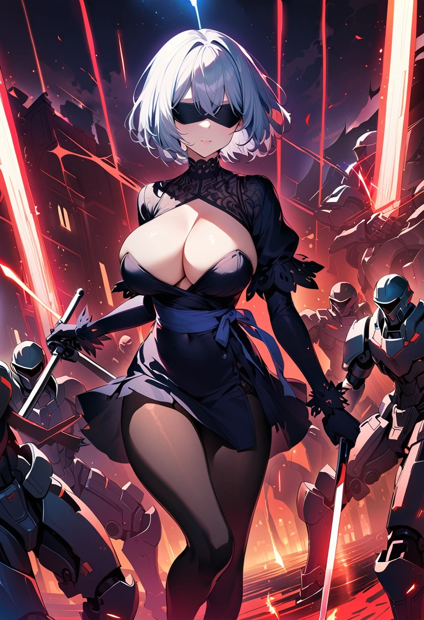 2B Nier Automata,masterpiece, 最high quality, High resolution,  Black torn clothes 、Black Pantyhose、Dark church at night、sexy、Wear a miniskirt、Thin legs、Big Breasts、Slim figure、high quality　CG Tone、Gray Hair、Black blindfold、Short Bob、Surrounded by mechanical soldiers、Fighting mechanical soldiers、stylish、Japanese sword