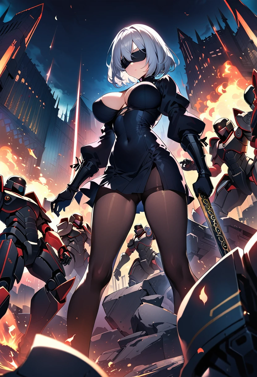 2B Nier Automata,masterpiece, 最high quality, High resolution,  Black torn clothes 、Black Pantyhose、Dark church at night、sexy、Wear a miniskirt、Thin legs、Big Breasts、Slim figure、high quality　CG Tone、Gray Hair、Black blindfold、Short Bob、Surrounded by mechanical soldiers、Fighting mechanical soldiers、stylish、Japanese sword