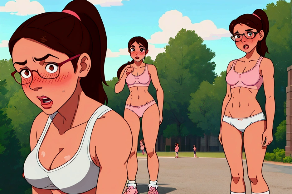 mature woman, Athlete, streaker, running, pixar, embarrassed, humiliated, athletic girl, topless, thong, 30 years old, pale-skinned. long hair, asian, japanese, fit body, in the city, her face shows distress and shock, there's sweat running down her body, nervous, exhibitionism, ashamed