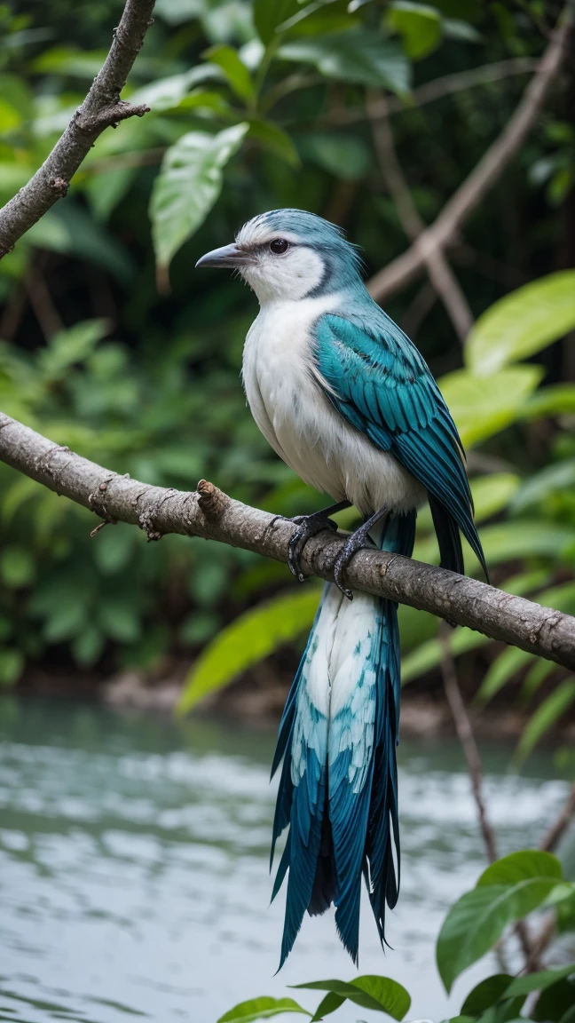 there is a large white, blue, mottled striped bird in a beautiful landscape with tail, rare bird in the jungle, long tail, very beautiful and elegant, beautiful and elegant, long and elegant tail, captured in canon eos r 6, long tail, beautiful and graceful, long tails, by Sudip Roy, mischievous look, sitting on a curly branch, high-quality nature photography