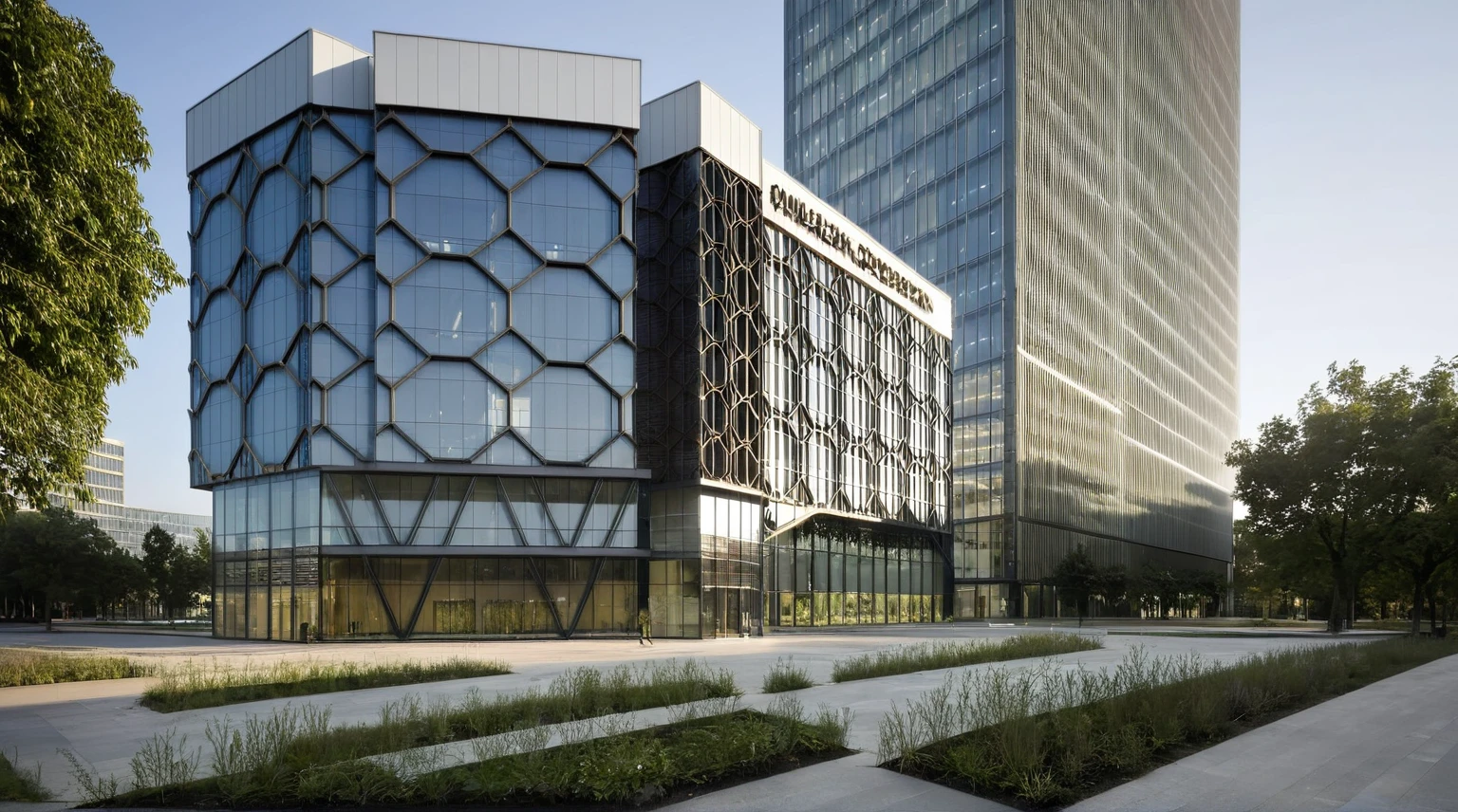 modern office building, modern style, modern, dynamic (RAW photo, real, best quality, masterpiece:1.2), (hyper realistic, photo-realistic:1.2), high quality, (dark lighting:1.2), perfect lighting, archdaily, architecture digest award wining sustainable architecture, cinematic, Building height: 8-10 stories, Facade: Low-e glass combined with a hexagonal louver system, Sleek, modern design with a predominantly glass facade, Hexagonal louvers creating a distinctive pattern across the building's surface, Main entrance with a canopy or architectural feature to mark the entry point, Possible rooftop terrace or green roof element, Urban setting with other mid-rise buildings nearby, Wide sidewalk in front of the building with some landscaping, Street view showing neighboring structures and city life, Possibly include trees or green spaces around the building, Bustling city environment with pedestrians and vehicles, Reflections of the surroundings on the glass facade, Interplay of light and shadow created by the hexagonal louvers, Overall impression of a harmonious blend between the building and its urban context