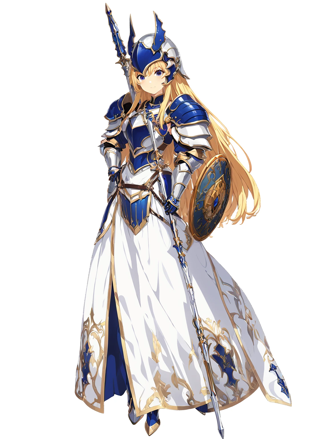 high quality, high resolution, high qualityのゲームアートスタイル, whole body,Valkyrie,perfect hand,Official Art, Smooth game CG art, Visual Novel Sprites, White background,Smooth game CG art, (((Woman with a long spear))),A woman wearing a white dress and blue armor, An intricately designed helmet with white feathers,Small shield, (((In his right hand he holds an elaborate long spear))),Exquisite Blue Armor,Golden Hair, long hair, female knight, Rin々Shii,Large Bust,20-year-old,