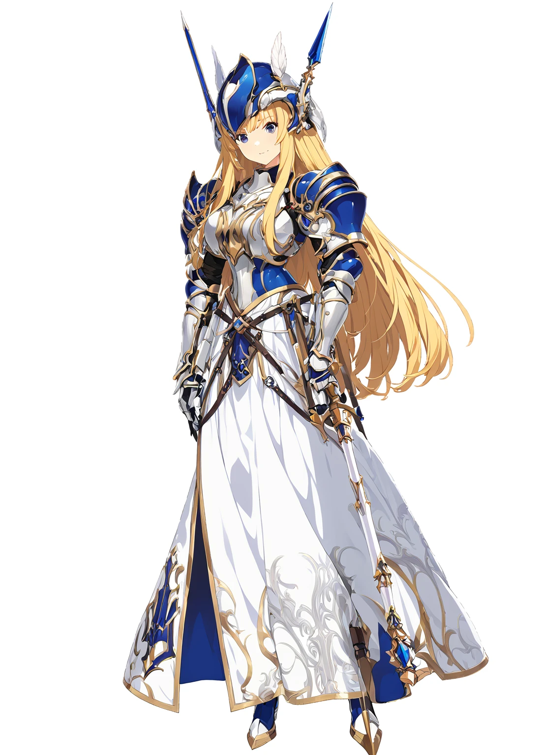 high quality, high resolution, high qualityのゲームアートスタイル, whole body,Valkyrie,perfect hand,Official Art, Smooth game CG art, Visual Novel Sprites, White background,Smooth game CG art, (((Woman with a long spear))),A woman wearing a white dress and blue armor, An intricately designed helmet with white feathers,Small shield, (((In his right hand he holds an elaborate long spear))),Exquisite Blue Armor,Golden Hair, long hair, female knight, Rin々Shii,Large Bust,20-year-old,