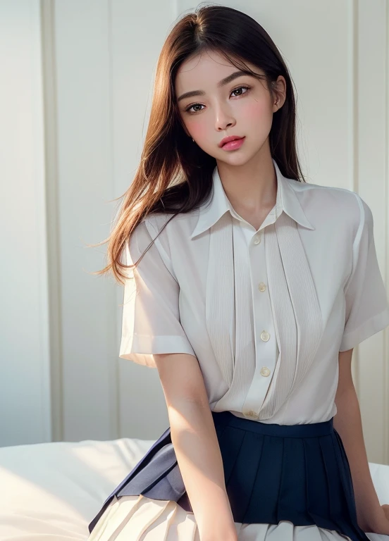 ((Best quality, 8k, Masterpiece: 1.3, raw photo)), Sharp focus: 1.2, (1 aespa girl: 1.2), (realistic, photo-realistic:1.37), (face focus: 1.1), cute face, kindness, small breasts, flat chest, short messy hair, standing, white shirt, she is rolling up her skirt, showing white panties, classroom, sunlight, cinematic lighting