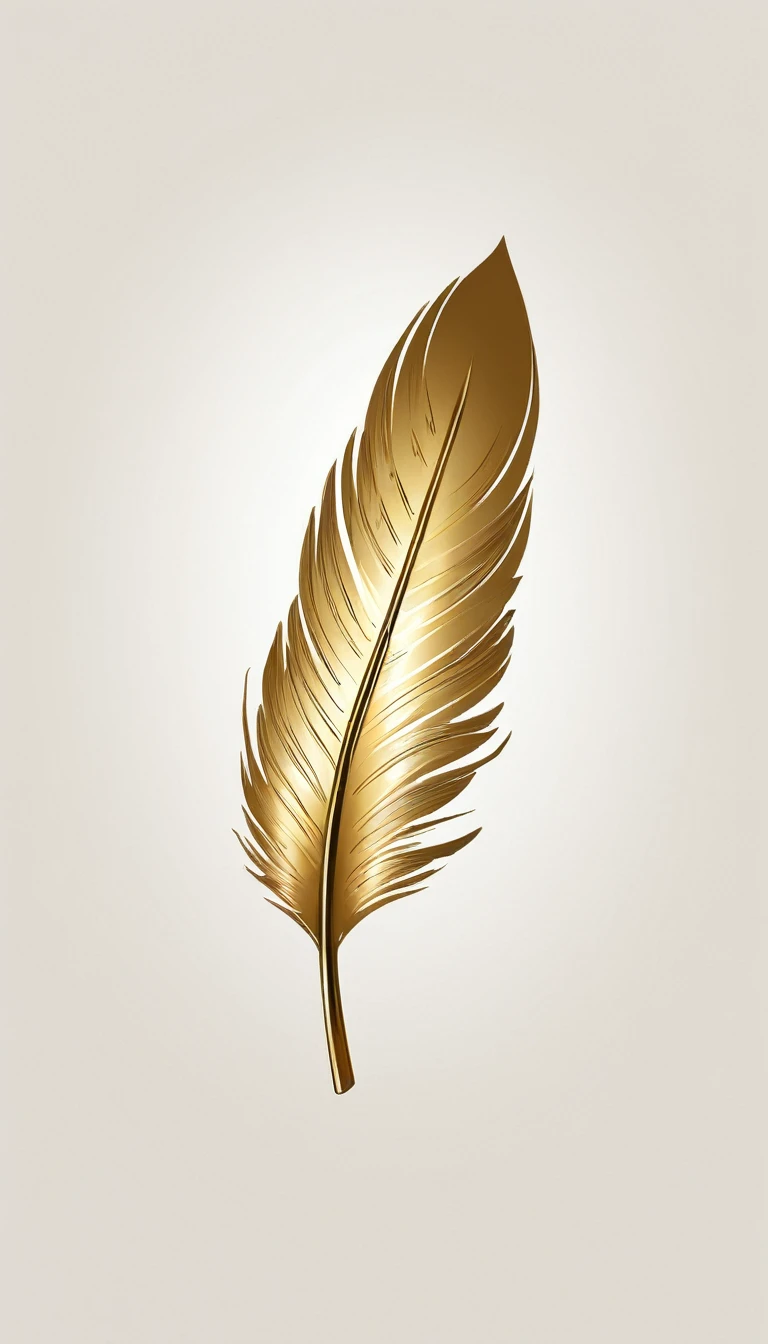 A minimal, modern, simple, cinematic logotype for the brand “Penamemoria". The logotype must be a simple, magical golden feather with white wings. The logo must convey a sense of music, stories and dreams. Logo design impressed on a book cover. Minimalistic logo