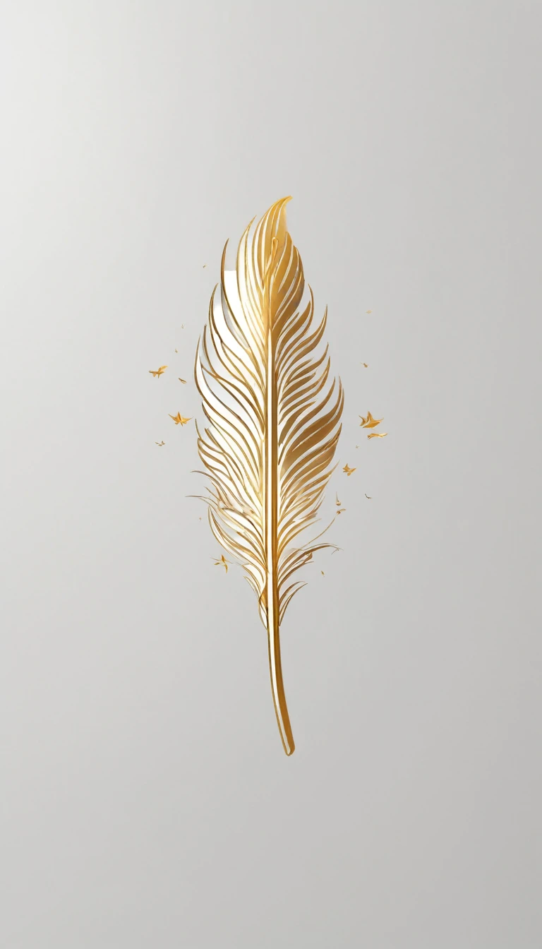 A minimal, modern, simple, cinematic logotype for the brand “Penamemoria". The logotype must be a simple, magical golden feather with white wings. The logo must convey a sense of music, stories and dreams. Logo design impressed on a book cover. Minimalistic logo