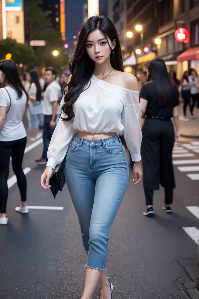 Woman, Asian, brunette Clara, blue-eyed , skin fair , long  curly hair, Bblack hair, standing in the street, city full of buildings, asphalt, the night, white blouse, denim sports pants, toned legs,  Woman olhos puchados estilo Asian, skin fair,  white blouse.