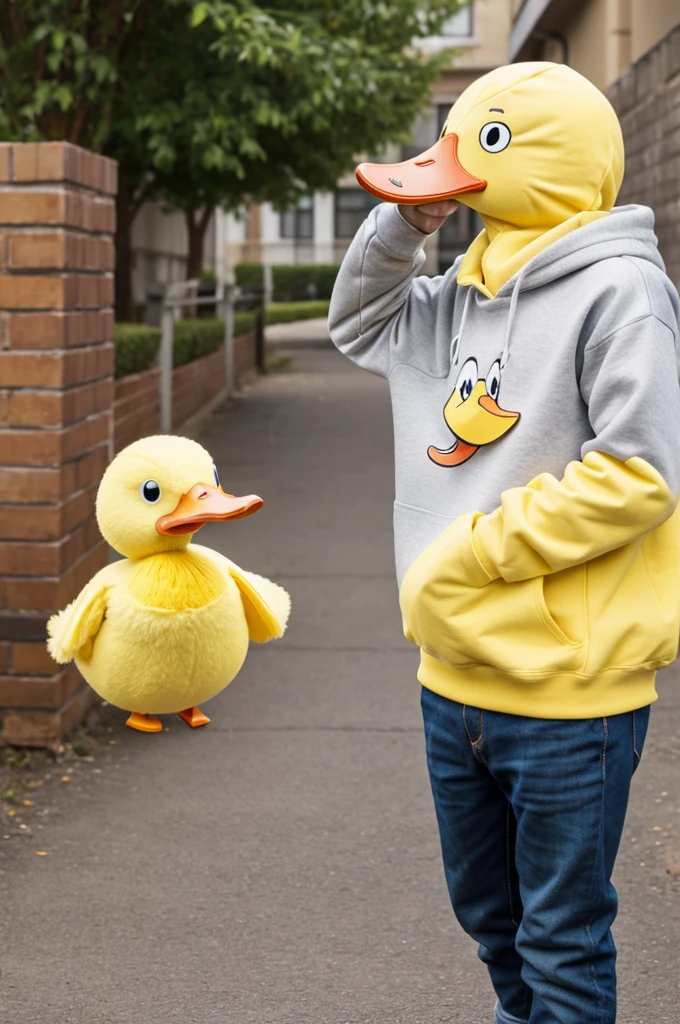 Make a duck with yellow cartoon style sweatshirt (the duck)