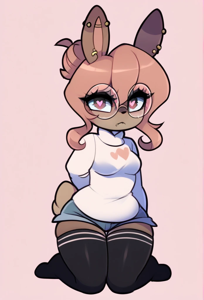 (score_9, score_8_up), score_7_up, score_6_up, score_5_up, score_4_up, Hazel Typh, 1bunny, best quality, furry, brown fur, pink hair, animal ears, gold piercing, heart-shaped pupils, animal nose, pink eyes, hair bun, long tail, expressionless, closed mouth, fangs, puffy sleeves, kneeling, on knees, pink background, looking at viewer, round glasses, beautiful and detailed, girl (((female))) ((anthro)) bunny, (Averi, bunny girl), by waspsalad, by phluks, by zero-sum, bunny, (anthro, fluffy fur, character focus:1.1), anthro bunny, body fur, nice, cute, digital drawing, (half-closed eyes), big eyes, sweater, short shorts, thigh highs, stockings, (hi res), ((masterpiece)), ((best quality)), bunny, female bunny, clean sketch, anthropomorphic bunny, fursona, sharp teeth, big ears, smooth hair, smooth fur, long eyelashes, makeup, thin, chubby face
