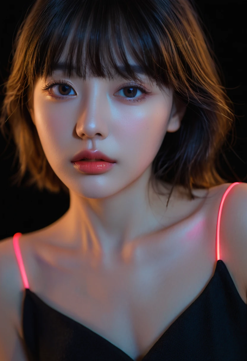 8k, best quality, 1 Girl, (Skin Indentation), night, (dark), Indoor clear background, (people), Beautiful bangs, Gorgeous,, (Clothing and:1.3),Soft lighting, attractive, dark Room, (mouth close:1.2, beautiful eyes, Delicate eyes, Detailed iris, Beautiful lips, Beautiful nose, Pretty Face),(primary color:1.5),(Ambient Light:1.3),(Neon light:1.3)