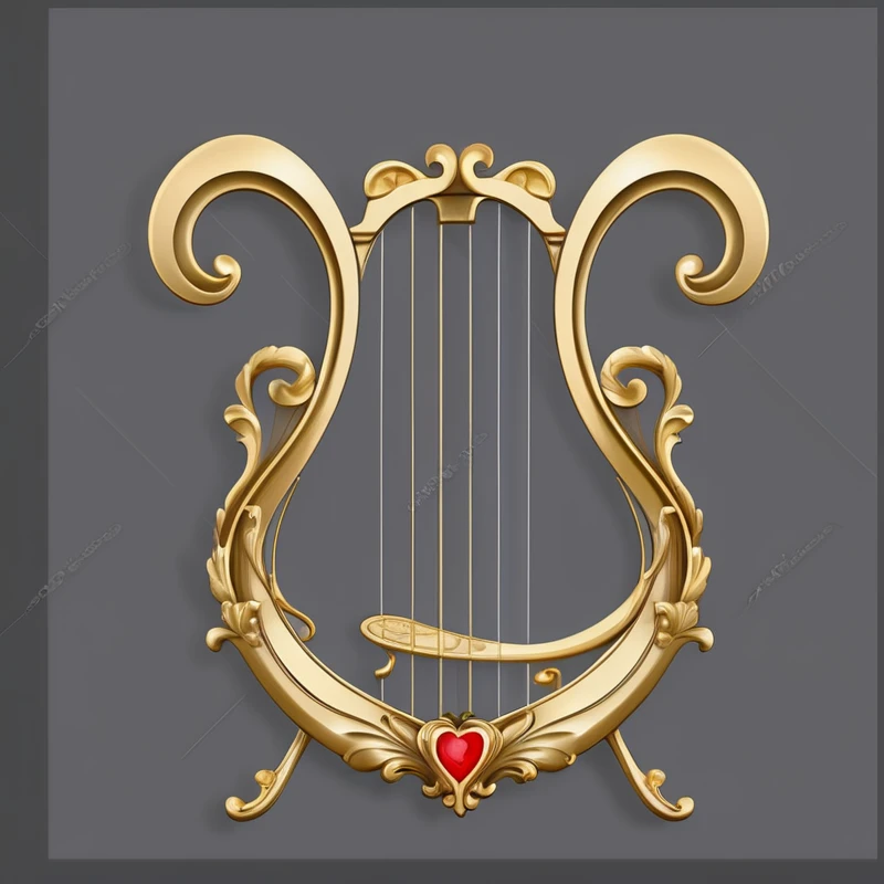 a golden harp with a red heart on a gray background, harp, with an harp, Baroque elements, Gorgeous and flowing, Musical Instruments, Guitar concept art, Art Nouveau masterpiece, Baroque的物品, decorative, Art Nouveau, baroque and Rococo decorations, elegant and Gorgeous, Gorgeous, Gorgeous and elegant, Baroque, Art Nouveau ornament, Rococo decoration