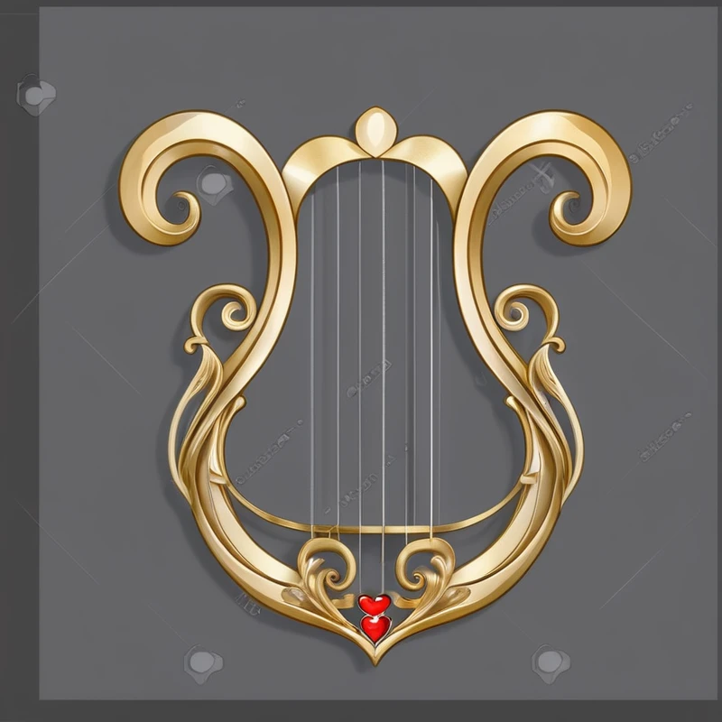 a golden harp with a red heart on a gray background, harp, with an harp, Baroque elements, Gorgeous and flowing, Musical Instruments, Guitar concept art, Art Nouveau masterpiece, Baroque的物品, decorative, Art Nouveau, baroque and Rococo decorations, elegant and Gorgeous, Gorgeous, Gorgeous and elegant, Baroque, Art Nouveau ornament, Rococo decoration