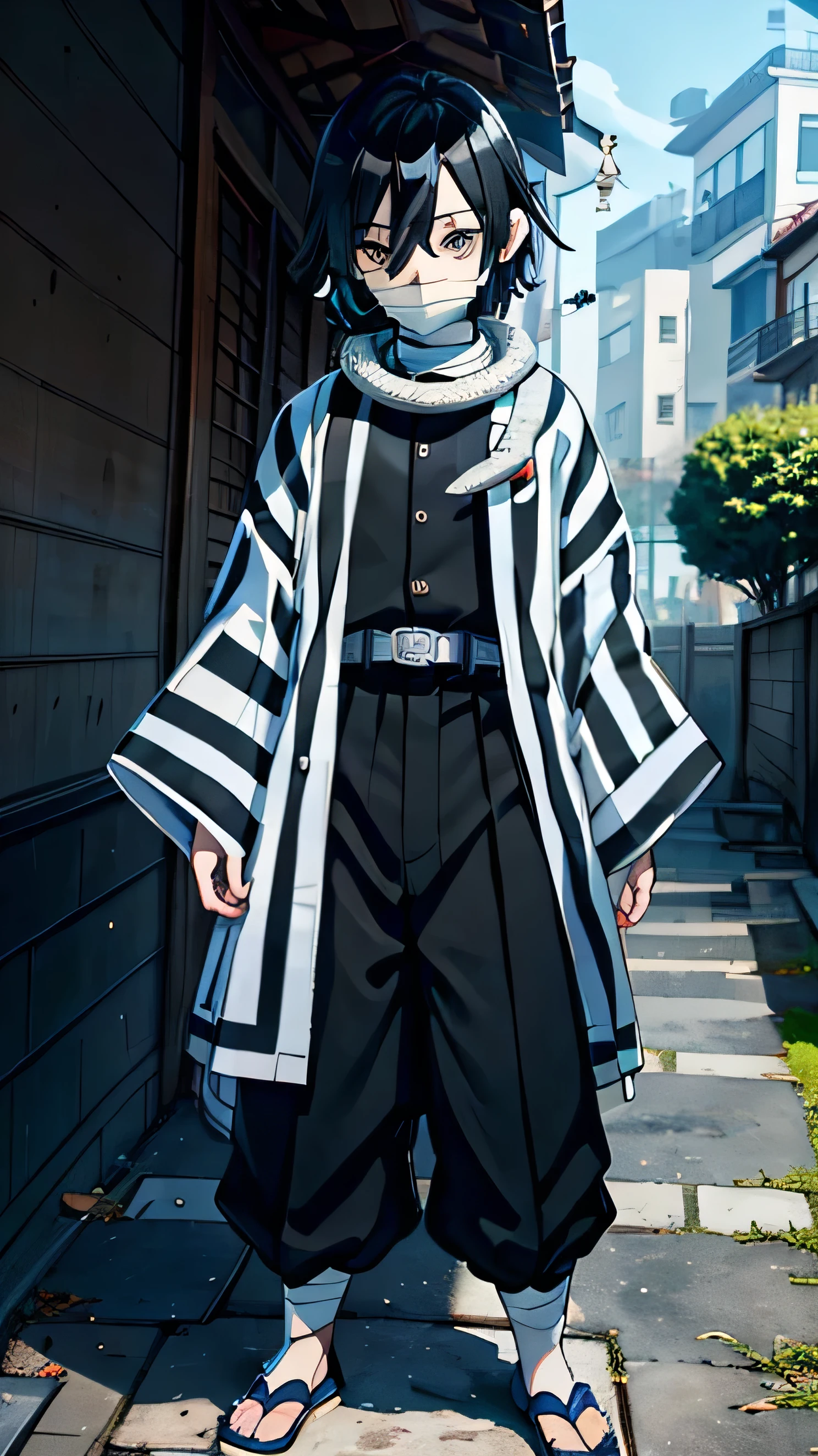 Odd Eye、Left eye, right eye, blue、Black and white striped haori、school uniform、Handsome、 heterochromic iridocyclitis、Hiding the mouth with a bandage、A snake wrapped around his neck、whole body、Oversized black trousers、Sandals、Standing still、front、Ultra-clear