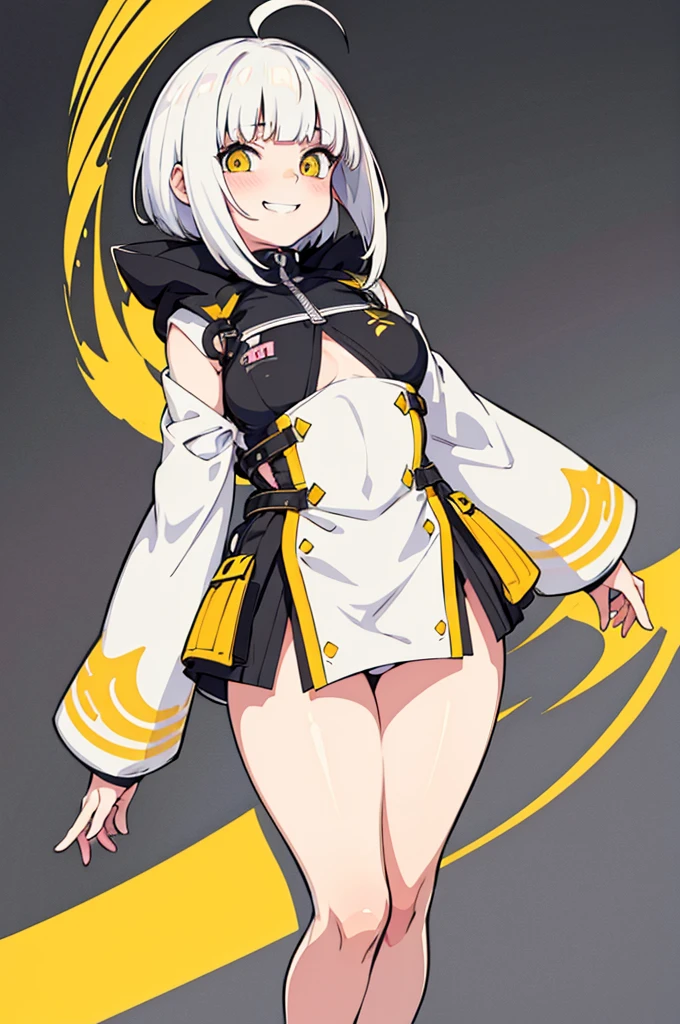 vector art, 1girl, hime cut, white hair, blunt bangs, ahoge, blush, yellow eyes, short girl, little tits, showing tits, grin, full body, short girl, grin, grinning, naked, flat color, thick outline, outline, no clothes, nsfw