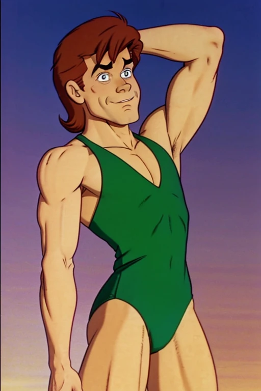 a redhead cartoon character dressed in a green leotard, very muscular, a young male wizard, 1980s cartoon, animated episode still, Presto (((mad)))