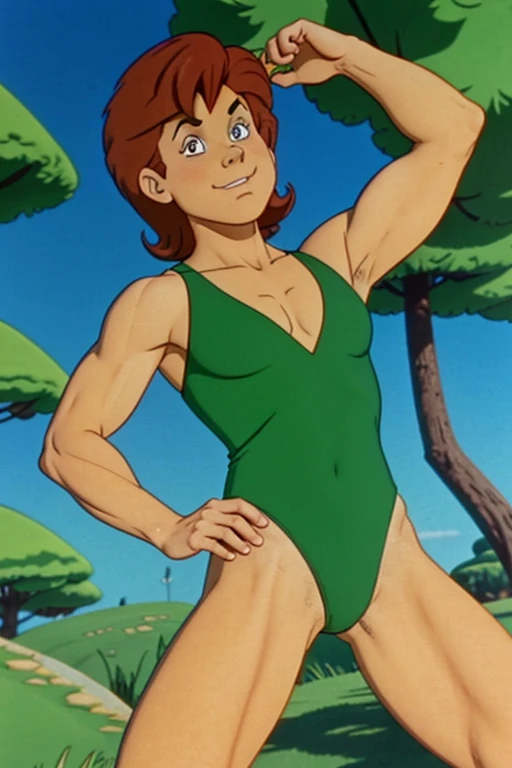 a redhead cartoon character dressed in a green leotard, very muscular, a young male wizard, 1980s cartoon, animated episode still, Presto (((mad)))