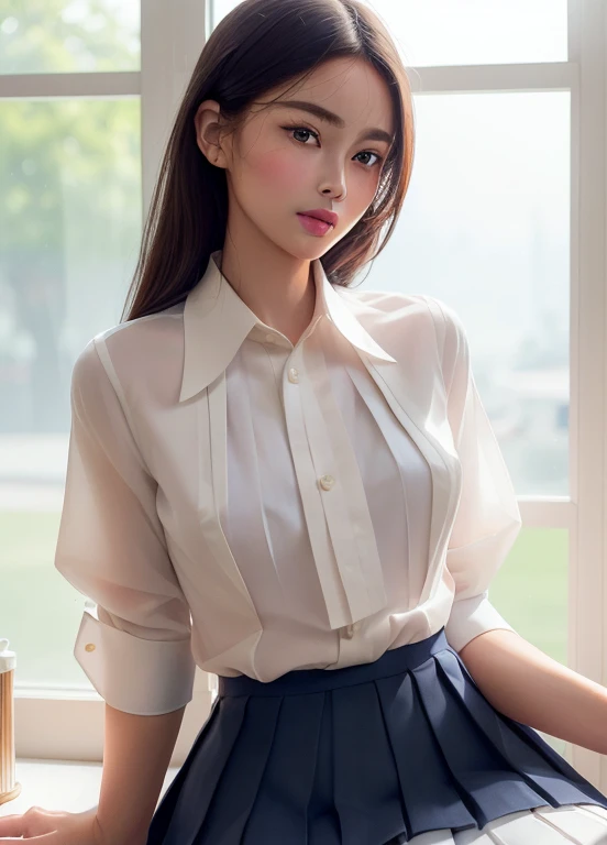 masterpiece,Highest quality,taller than, Asian,(Brown people),Dark Skin,Blonde,One girl,hang on,Excellent style, (Wearing an elegant white uniform shirt and navy pleated skirt:1.4)、(Please spread your legs and take off your underwear.:1.3)、(Sexually satisfied look:1.3)、(Medium chest:1.4)、(Thin thighs:1.2)、(Last:1.3), (Fine hand:1.2)、(Beautiful Eyes)、(Lips Lipgloss:1.2)、(Brighten the shadow contrast)、(Professional Lighting)、(Facial lighting)、(Hmph++:1.10)、(Ultra-high resolution)、(Highest quality)、(Improvement of quality)、(Very detailed)、(Accurate Color)、(Photo real)、(Perfect Anatomy:1.2)、(Detailed skin texture:1.2)、(blush:1.4)、(A fitted shirt:1.3),