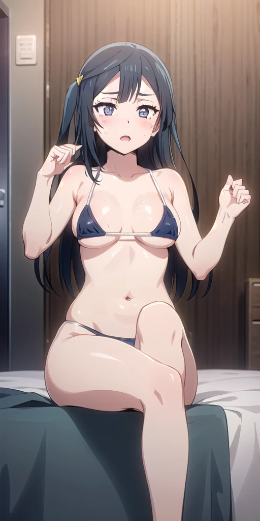 (masterpiece, Highest quality, Ultra-detailed), (figure), (Detailed and beautiful eyes), (1 Girl), (alone), Metallic Micro Bikini, Watching the audience, Cowboy Shot, Ahegao, Better Hands,(Perfect hands, Five Fingers,(Leg spread),( Gold metallic super micro bikini),Mansuji,(See-through nipples),Oily skin,(semen),Sex,Beautiful eyes、On the bed、blush、semen、semen、Creampie