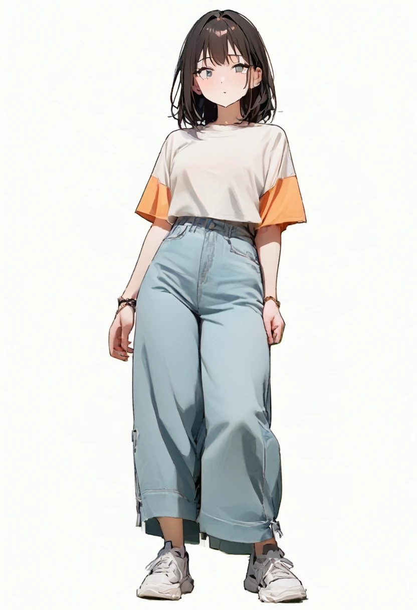 (Masterpiece, Best picture quality: 1.2, 8K), centered, full body, one girl, summer fashion, wide pants, simple sneakers, simple background, open eyes