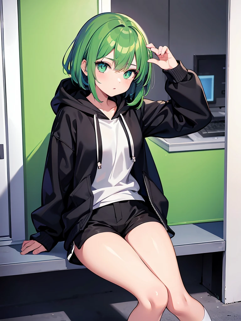 Masterpiece,High Quality,(Full Length 1.2),Animated Standing, Black Shorts,(Black and White Open Hoodie),Black Open Hoodie,(Green Hair 1.4),Animated Girl with short green hair and green eyes,(Detailed Eyes 1.6),(Clear Eyes 1.4),(Beautiful Eyes 1.4),(Shining Eyes 1 .4), White cyan, Green hair, Detailed key animated art, Animated portrait, Shining eyes, Green haired girl, Green light hair, Black shorts, Gray shoes, White socks, Thighs, 4K