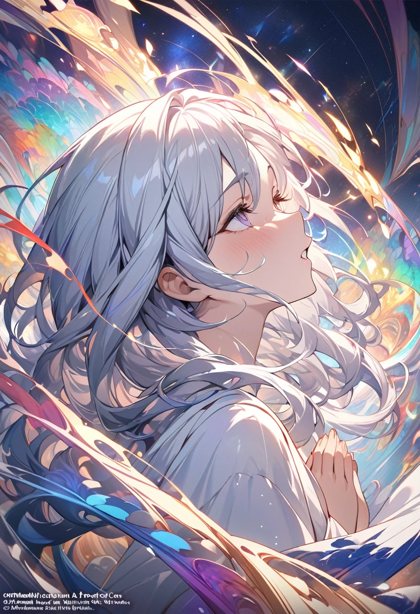 (masterpiece, Highest quality, Highest quality, Official Art, beautifully、aesthetic:1.2), (One girl), Very detailed, (Fractal Art:1.3), colorful, Most detailed, Perfect Face, Upper Body, High resolution, (pray:1.3), (White cloak, golden lines:1.2), Milky Way, (Streaks of Light), Impressive visuals, (Dynamic stripes, Light trail:1.2), Vibrant colors,Completely naked、Ahegao、NSFW