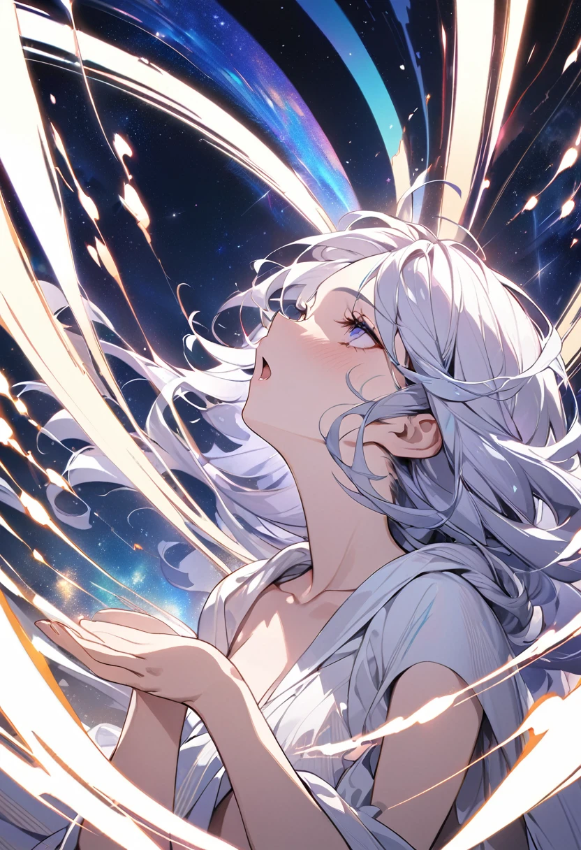 (masterpiece, Highest quality, Highest quality, Official Art, beautifully、aesthetic:1.2), (One girl), Very detailed, (Fractal Art:1.3), colorful, Most detailed, Perfect Face, Upper Body, High resolution, (pray:1.3), (White cloak, golden lines:1.2), Milky Way, (Streaks of Light), Impressive visuals, (Dynamic stripes, Light trail:1.2), Vibrant colors,Completely naked、Ahegao、NSFW