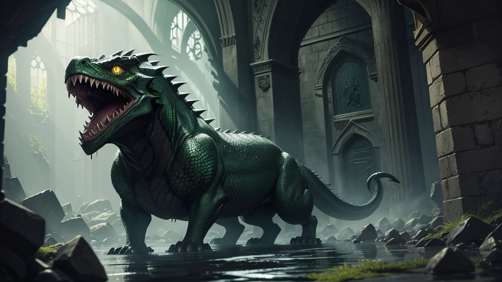 The basilisk of the world of Harry Potter emerges from the shadows of the underground chambers, a creature of unspeakable terror and lethal power. Its body is incredibly long and sinuous, covered in dark green scales that shine with an oily, sinister sheen in the dim torchlight. Its yellow eyes, huge and penetrating, shine with a supernatural malevolence, capable of instantly killing any being that dares to meet its direct gaze. The basilisk's mouth is a cavern of sharp, poisonous teeth, and from its nostrils emanates a fetid breath, a harbinger of certain death. Moving surprisingly quickly for its colossal size, its ripples across the stone floor echo off the damp, mossy walls of the Chamber of Secrets. Every detail, from the scales that appear impenetrable to the forked tongue that hisses menacingly, reinforces its position as a living weapon of destruction and the incarnation of fear, stored deep within the school for centuries to be awakened by Slytherin's heir.