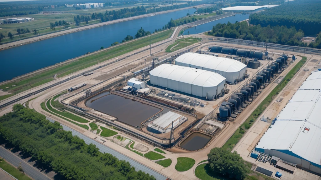 Aerial view of a large industrial plant,Workers are working in the factory, water treatment工厂, photo taken from above,water treatment,industrial plant environment,Wastewater pool,Water tank