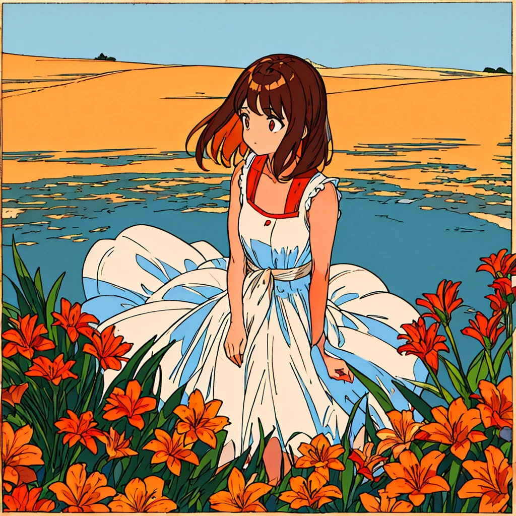 Orange plain background, lily flower, woman in white dress, brown hair, summer, nostalgic, simple