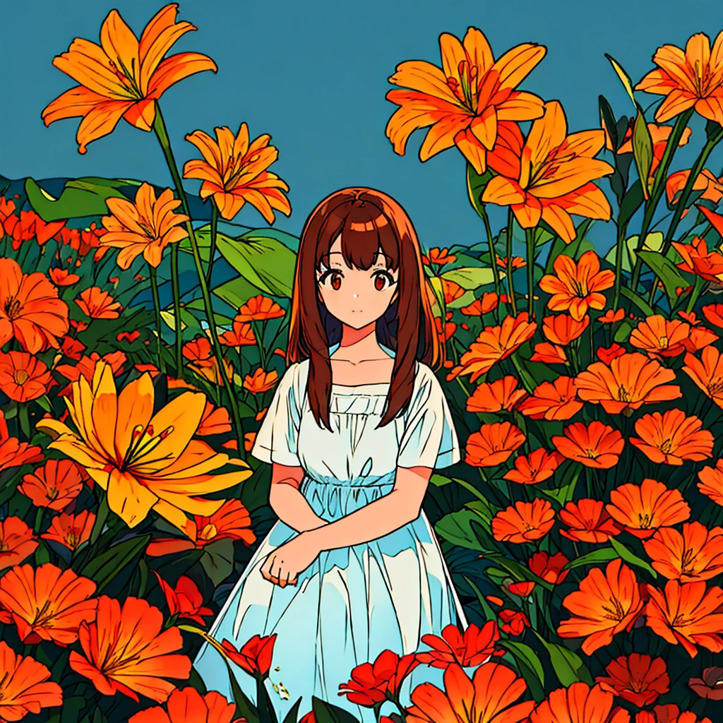 Orange plain background, lily flower, woman in white dress, brown hair, summer, nostalgic, simple