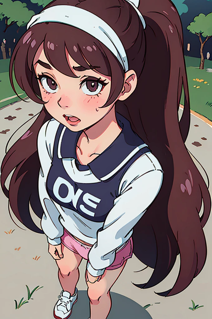 18 year old girl, large eyes, big eyelashes, thin eyebrows, half full cheeks, thick lips, curly brown hair, Brazilian football shirt with the number 10 dorsal, showing the ass, pink panties, long white socks