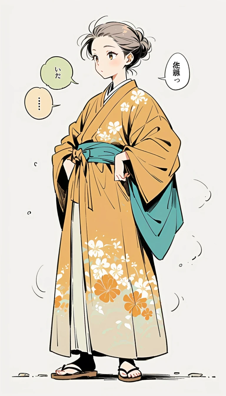 white background, Fujichoco style, man wearing kimono, ((Handsome man), gray hair, ((Spa)), simple background, Simple line initialism, full body,
