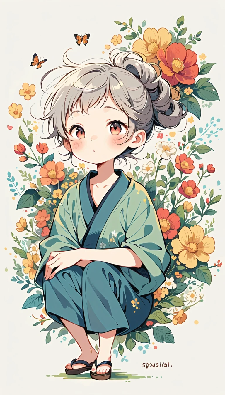 white background, Fujichoco style, man wearing kimono, ((Handsome man), gray hair, ((Spa)), simple background, Simple line initialism, full body,