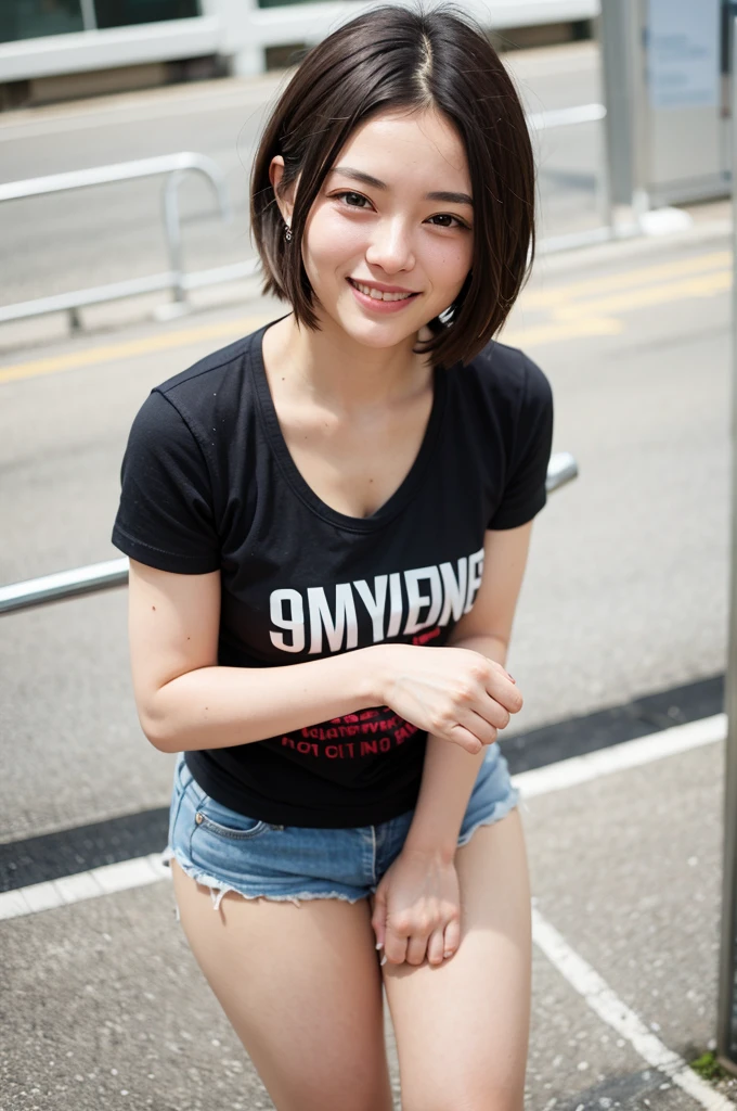 Top quality, 1 beautiful woman, super short Hair, shy Smile, wearing t-shirt, From Above