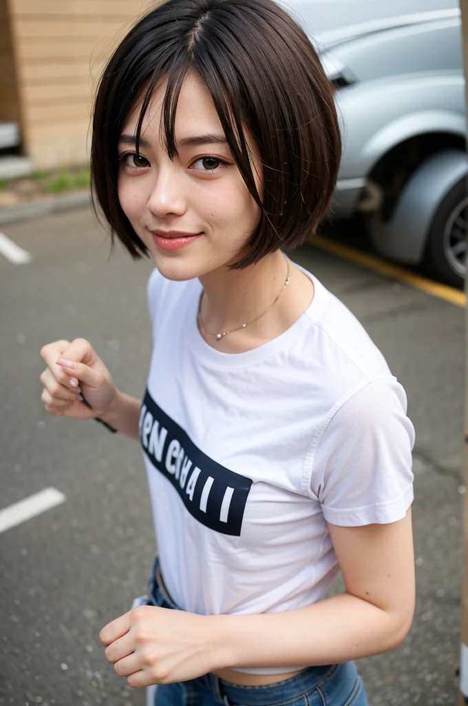 Top quality, 1 beautiful woman, super short Hair, shy Smile, wearing t-shirt, From Above