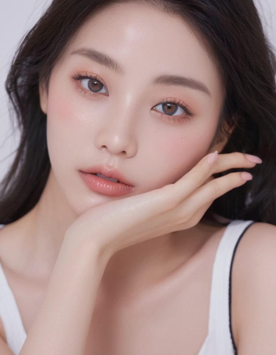 ultra wide shoot, front photo, elegant woman, (Photorealsitic)、(intricate detailes:1.2)、(​masterpiece、:1.3)、beauty face, (top-quality:1.4)、(超A high resolution:1.2)、超A high resolution、(A detailed eye)、(detailed facial features), ((Realistic lighting、top-quality、8K、natural light, ​masterpiece:1.3))、bright photo, Clear focus:1.2、1girl in、flawless beauty:1.4、Superfine Face、big Narrow-eyed、double eyelid、photos realistic, perfect eyes, perfect skin, detailed skin, detailed face, looking viewer, front view, potrait, raw photo, simple soft pink background, (intricate detailed skin textured:1.4) front view, looking viewer, clear face,  1 girl、porate、Bright and very beautiful face、beautiful girl, A stunning close-up portrait showcasing the beauty of a Korean model. The composition features soft, natural lighting , bright eyes, and striking cheekbones. Her glossy,  The background is simply white background,  wear black sweetshirt, neat hair, long hair, instagram model, profil picture, bright and natural