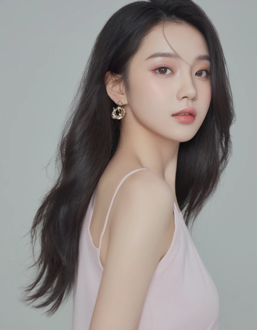 ultra wide shoot, front photo, elegant woman, (Photorealsitic)、(intricate detailes:1.2)、(masterpiece、:1.3)、beauty face, (top-quality:1.4)、(超A high resolution:1.2)、超A high resolution、(A detailed eye)、(detailed facial features), ((Realistic lighting、top-quality、8K、natural light, masterpiece:1.3))、bright photo, Clear focus:1.2、1girl in、flawless beauty:1.4、Superfine Face、big Narrow-eyed、double eyelid、photos realistic, perfect eyes, perfect skin, detailed skin, detailed face, looking viewer, front view, potrait, raw photo, simple soft pink background, (intricate detailed skin textured:1.4) front view, looking viewer, clear face, 1 girl、porate、Bright and very beautiful face、beautiful girl, A stunning close-up portrait showcasing the beauty of a Korean model. The composition features soft, natural lighting , bright eyes, and striking cheekbones. Her glossy, The background is simply white background, wear black sweetshirt, neat hair, long hair, instagram model, profil picture, bright and natural