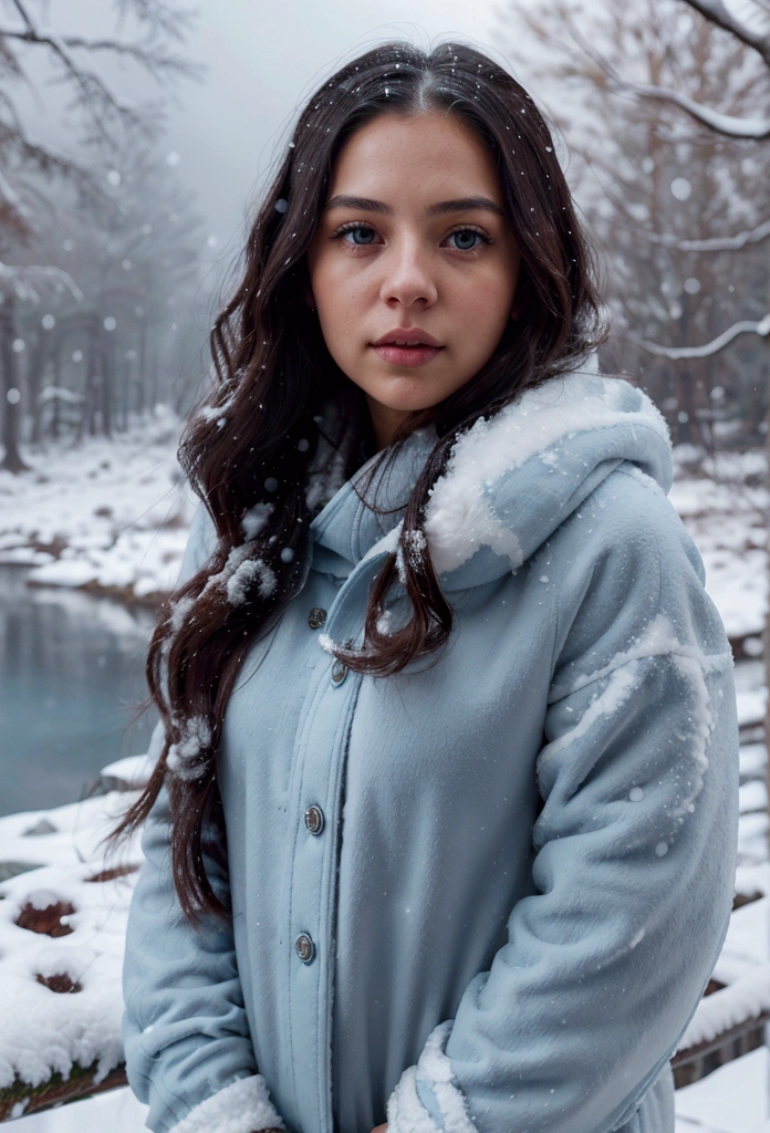 a young latina woman, long dark wavy hair, light blue eyes, winter outfit, snowy landscape, detailed face, detailed eyes, detailed lips, photorealistic, 8k, highly detailed, cinematic lighting, dramatic lighting, muted colors, realistic snow, detailed winter clothing, beautiful scenery, serene atmosphere, breathtaking, award-winning photograph