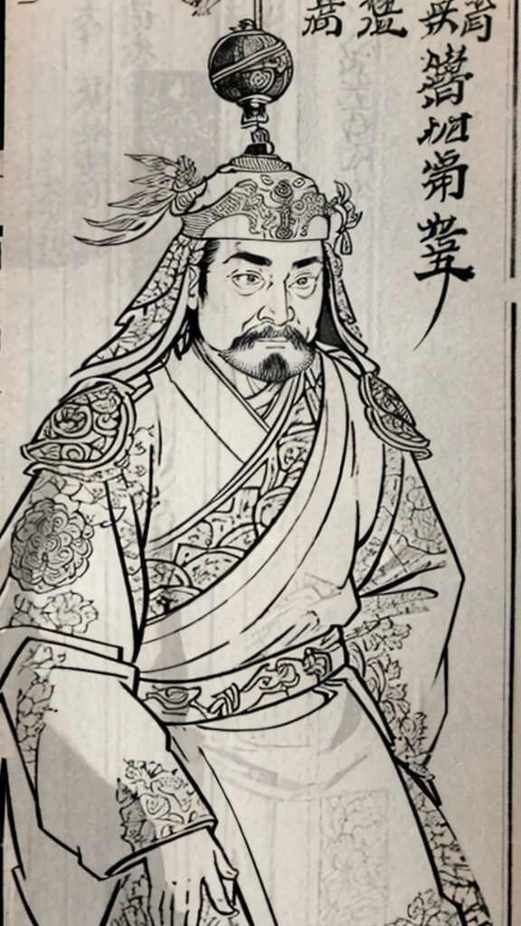 （（（Monochrome））、（（Men in ancient China））、（Ink painting）、Highest quality、masterpiece、Ultra-high resolution、(Realistic:1.4)、Game Poster、Three Kingdoman with a beard,Oriental、Three Kingdoms演義に見られるように々military commander、Crisp and beautiful image quality ,(Metal Armor, metal dragon head on the shoulder, Holding a sword, (Skin of color, ), (Metal Armor with intricate pattern:1.2), gloves, Long trousers, (Very detailed, bloom:1.5), (Highest quality, Concept Art, 4K), (analog:1.2), (high sharpness), (Detailed pupil:1.1),, Detailed face and eyes, masterpiece, Highest quality, (Very detailed:1.1), 8k, photoRealistic, (PurerosFace_v1:0.2), [:(Detailed face:1.2):0.2], sharp, Realistic, Realistic Shadow, 