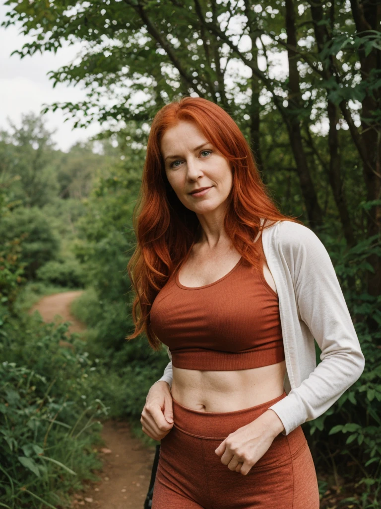 portrait, her name is Mia, high quality, 1 old woman, ((40-year-old guitar shaped body irish woman)), (((40 years old))), ((guitar shaped body)), wide hips, (wrinkled body), (old body), (((red hair))), (pale skin), ((green eyes)), she is wearing a sports bra and leggings with hiking gear, dynamic pose, BREAK, BACKGROUND: outdoor: hiking trail