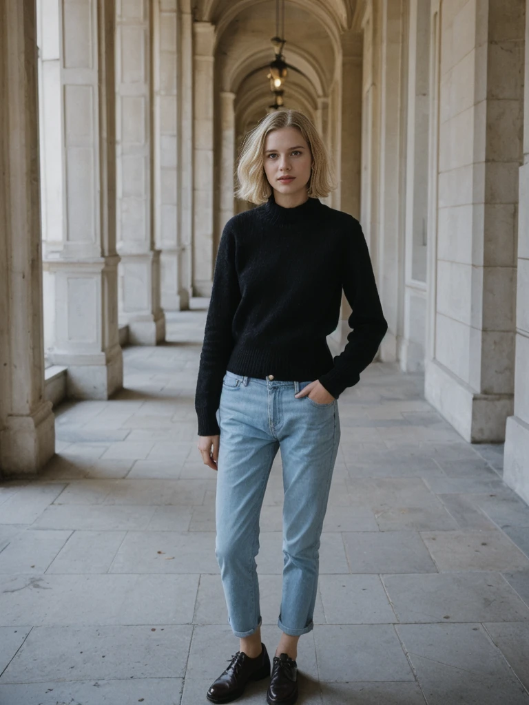 her name is Amelie, high quality, 1girl, ((25-year-old fit Caucasian woman)), ((25 years old)), ((SLIM)), ((French Bob BLONDE HAIR)), pose: standing, wearing Exclusive Fashion-forward Generation-Z modern wear different colored, BACKGROUND:"Grew up in the cultural heart of Vienna, surrounded by imperial palaces, classical music venues, and charming coffeehouses."
