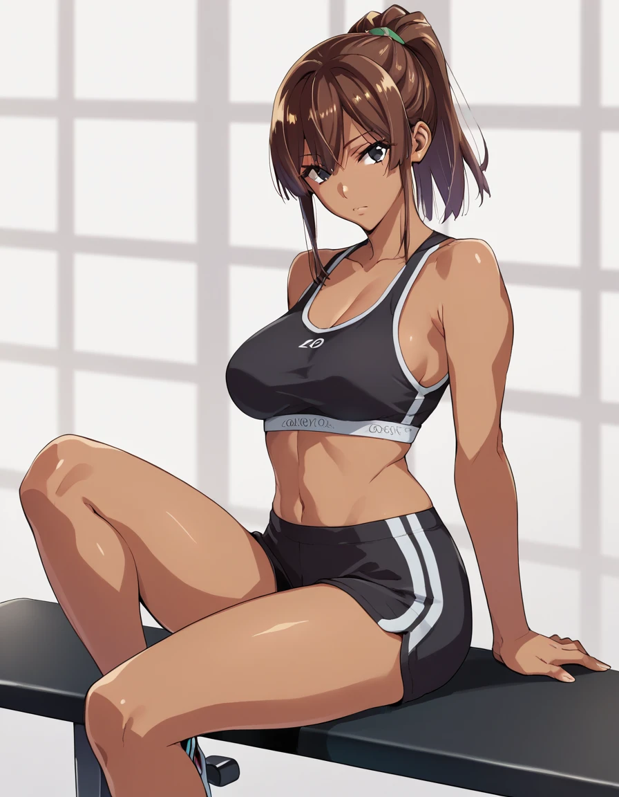 human, ((1girls)), 18 years old, beautiful, ponytail, brown hair, black eyes, black Yoga very short outfit, Z cup breasts, ((brown skin)), fair body, 1m78, deserted, ((Takeda Hiromitsu style)), Sitting, room gym,